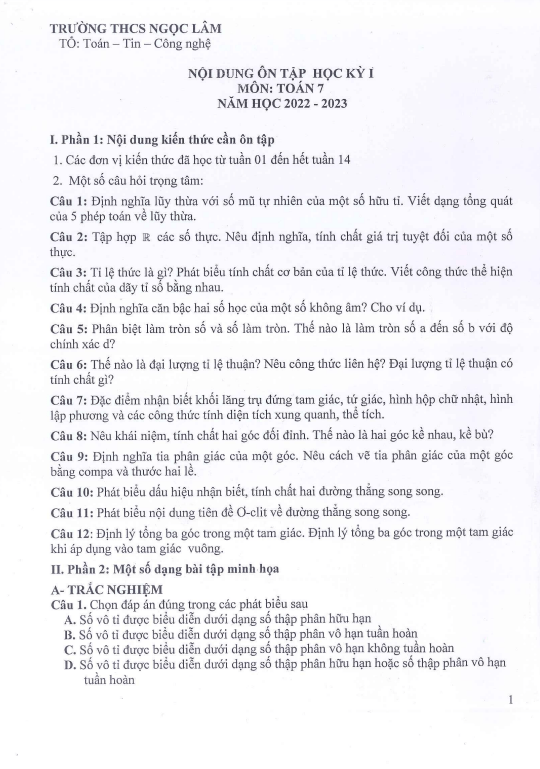 Đề cương ôn tập cuối học kì 1 (HK1) lớp 7 môn Toán năm 2022 2023 trường THCS Ngọc Lâm Hà Nội