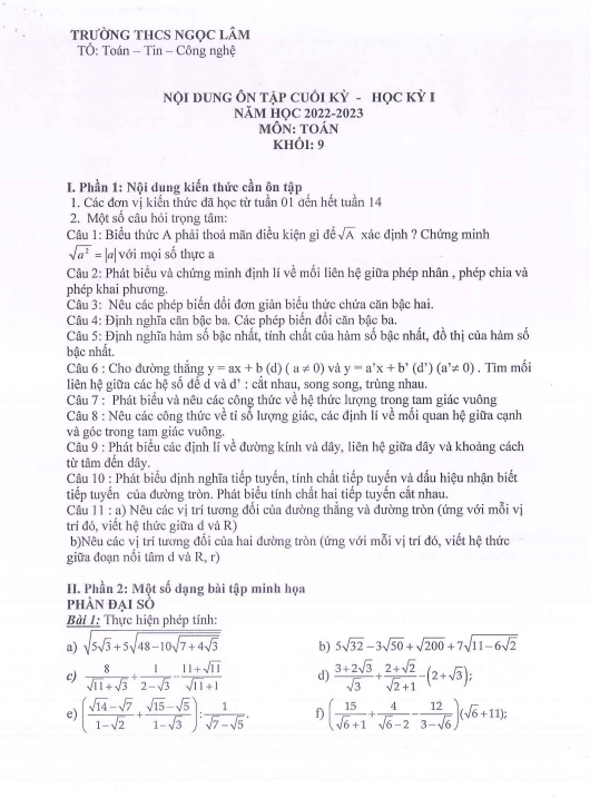 Đề cương ôn tập cuối học kì 1 (HK1) lớp 9 môn Toán năm 2022 2023 trường THCS Ngọc Lâm Hà Nội