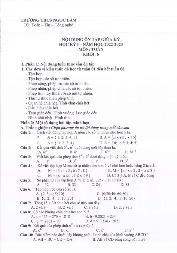 Đề cương ôn tập giữa học kì 1 (HK1) lớp 6 môn Toán năm 2022 2023 trường THCS Ngọc Lâm Hà Nội