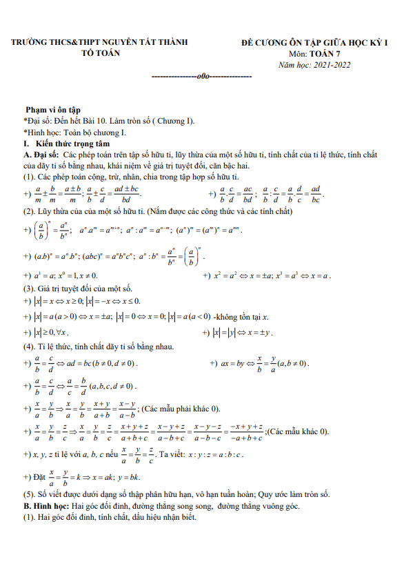 Đề cương ôn tập giữa học kì 1 (HK1) lớp 7 môn Toán năm 2021 2022 trường Nguyễn Tất Thành Hà Nội