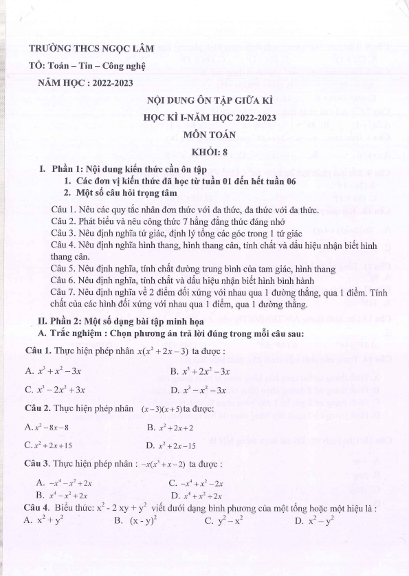 Đề cương ôn tập giữa học kì 1 (HK1) lớp 8 môn Toán năm 2022 2023 trường THCS Ngọc Lâm Hà Nội