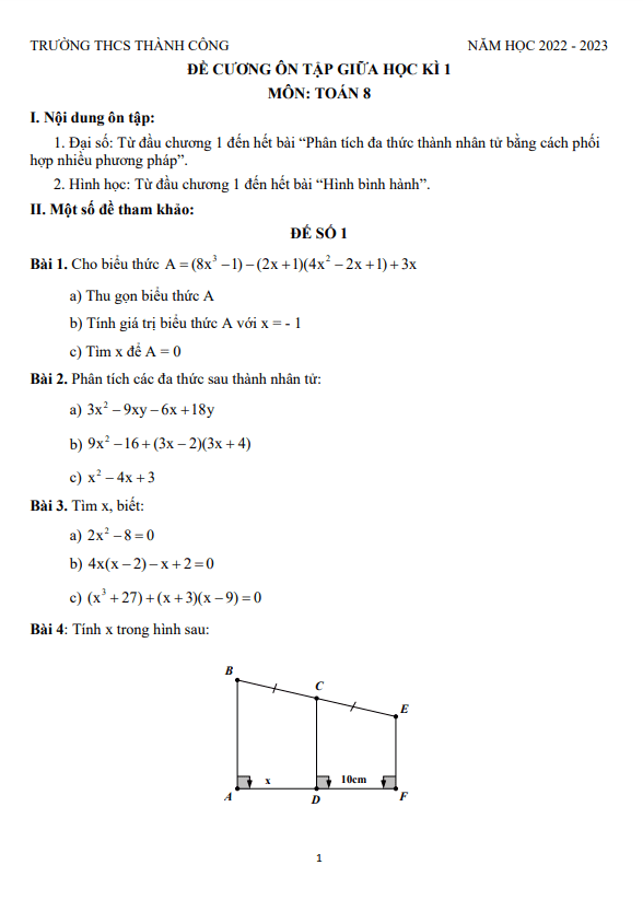 Đề cương ôn tập giữa học kì 1 (HK1) lớp 8 môn Toán năm 2022 2023 trường THCS Thành Công Hà Nội