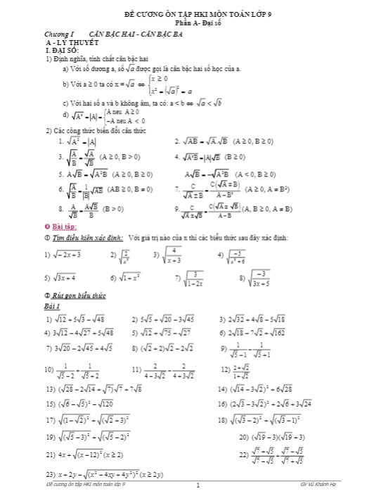 Đề cương ôn tập HKI môn Toán Vũ Khánh Hạ