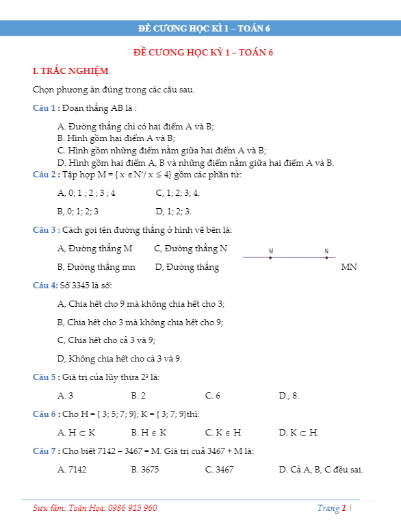 Đề cương ôn tập học kì 1 (HK1) lớp 6 môn Toán
