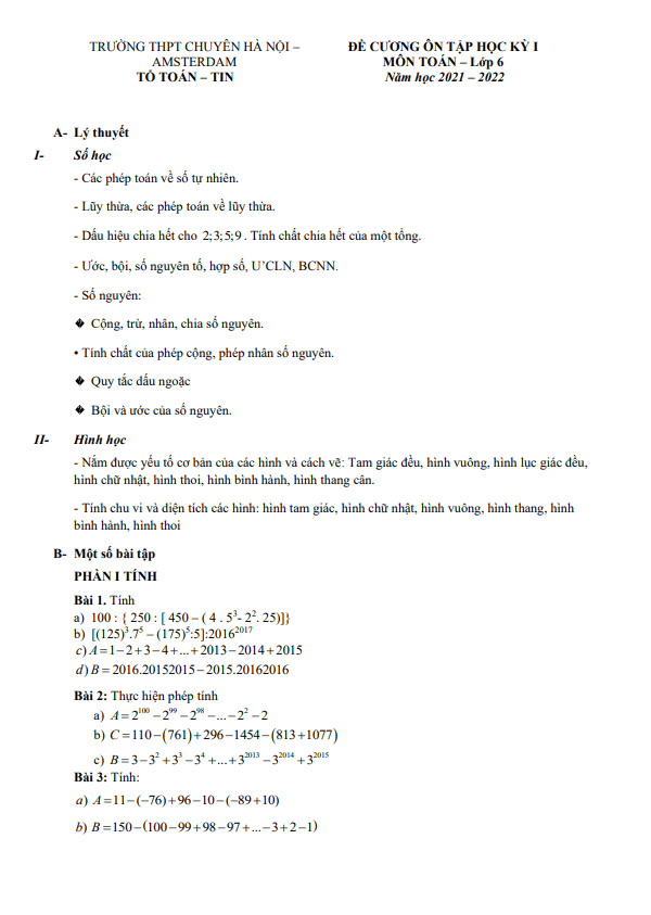 Đề cương ôn tập học kì 1 (HK1) lớp 6 môn Toán năm 2021 2022 trường chuyên Hà Nội Amsterdam