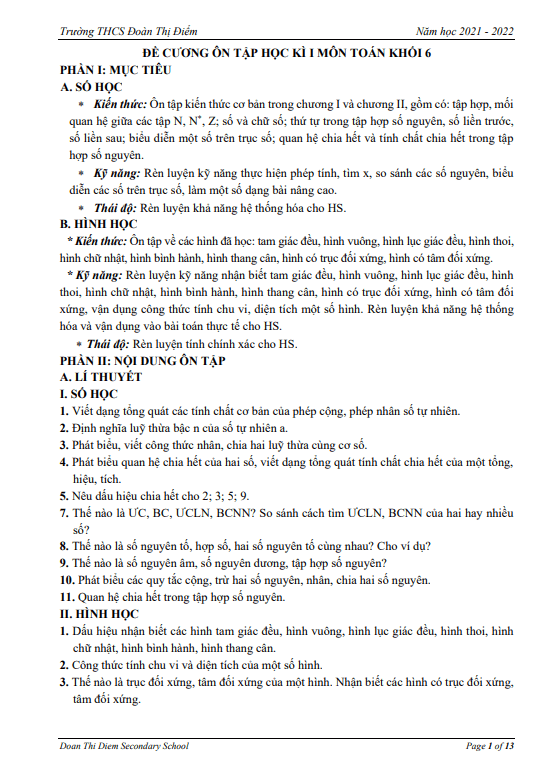 Đề cương ôn tập học kì 1 (HK1) lớp 6 môn Toán năm 2021 2022 trường THCS Đoàn Thị Điểm Hà Nội