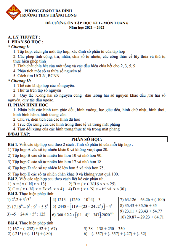 Đề cương ôn tập học kì 1 (HK1) lớp 6 môn Toán năm 2021 2022 trường THCS Thăng Long Hà Nội
