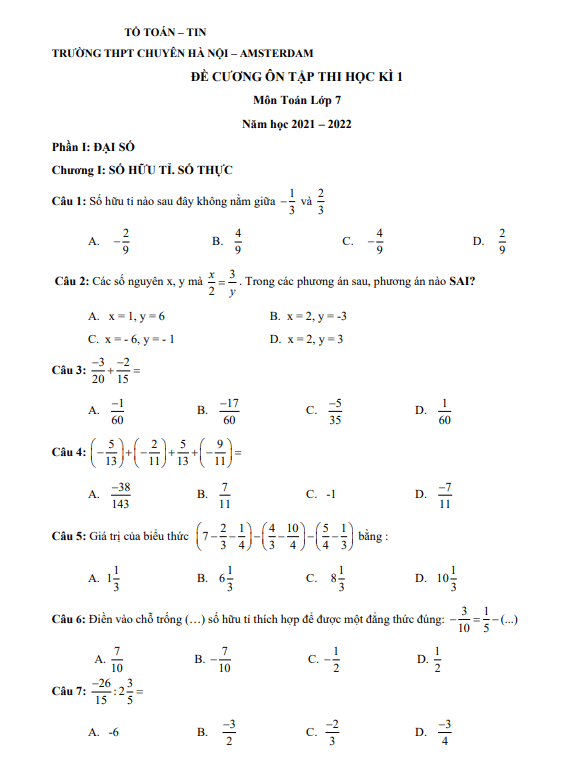 Đề cương ôn tập học kì 1 (HK1) lớp 7 môn Toán năm 2021 2022 trường chuyên Hà Nội Amsterdam