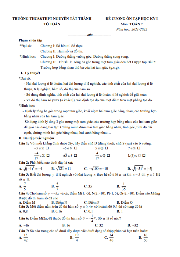 Đề cương ôn tập học kì 1 (HK1) lớp 7 môn Toán năm 2021 2022 trường Nguyễn Tất Thành Hà Nội