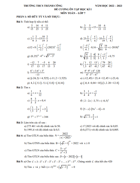 Đề cương ôn tập học kì 1 (HK1) lớp 7 môn Toán năm 2022 2023 trường THCS Thành Công Hà Nội