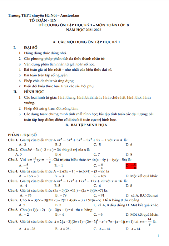 Đề cương ôn tập học kì 1 (HK1) lớp 8 môn Toán năm 2021 2022 trường chuyên Hà Nội Amsterdam