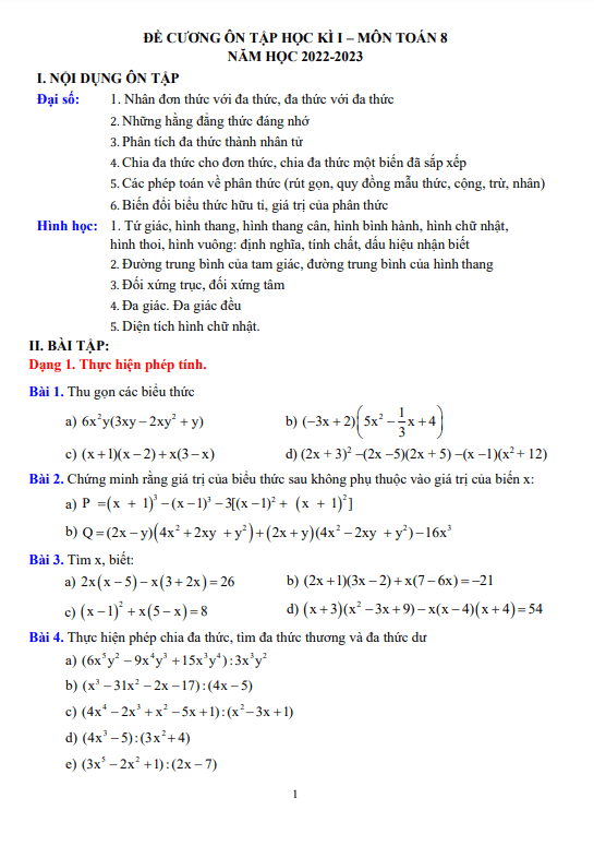 Đề cương ôn tập học kì 1 (HK1) lớp 8 môn Toán năm 2022 2023 trường THCS Thành Công Hà Nội