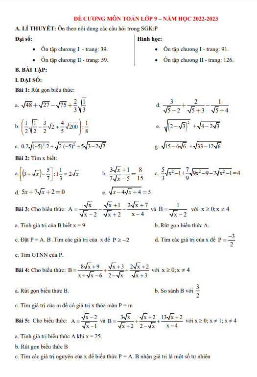 Đề cương ôn tập học kì 1 (HK1) lớp 9 môn Toán năm 2022 2023 trường THCS Thành Công Hà Nội