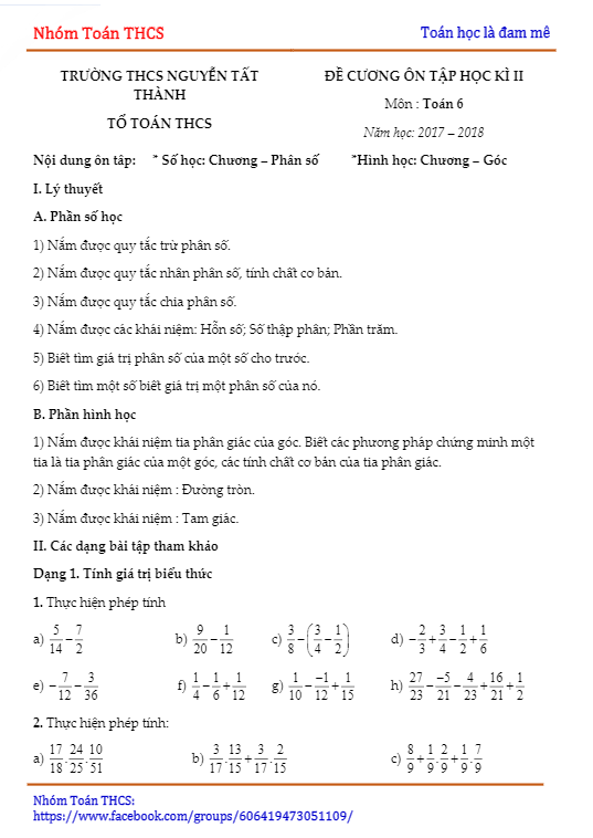 Đề cương ôn tập học kì 2 (HK2) lớp 6 môn Toán năm 2017 2018 trường Nguyễn Tất Thành Hà Nội