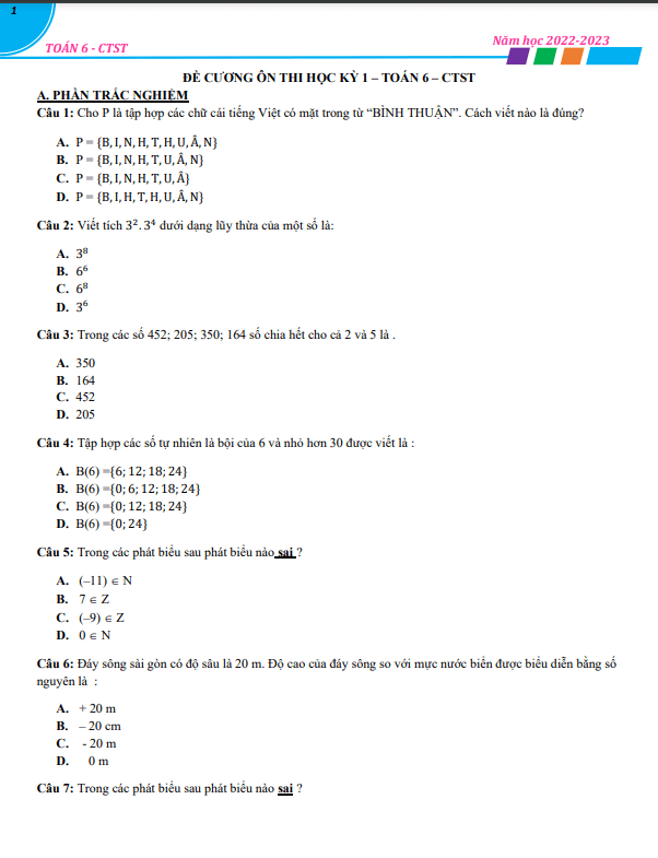 Đề cương ôn thi học kì 1 (HK1) lớp 6 môn Toán năm học 2022 2023 (Chân Trời Sáng Tạo)