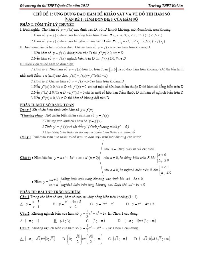 Đề cương ôn thi THPT Quốc gia 2017 môn Toán trường THPT Hải An Hải Phòng
