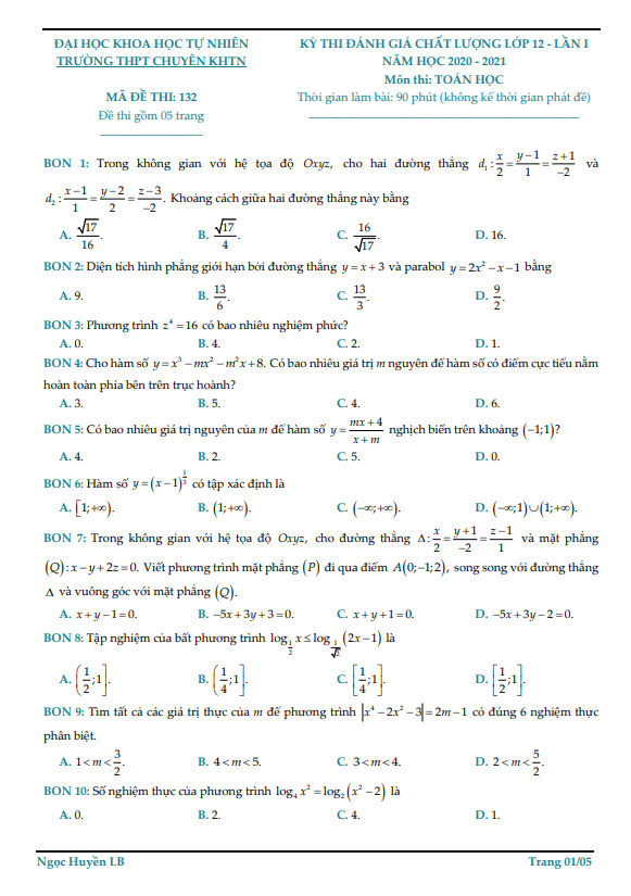 Đề đánh giá chất lượng lớp 12 môn Toán lần 1 năm 2020 2021 trường chuyên KHTN Hà Nội