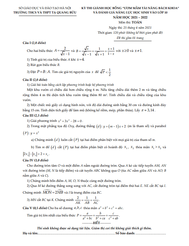 Đề đánh giá năng lực Toán thi vào 10 năm 2021 2022 trường Tạ Quang Bửu Hà Nội