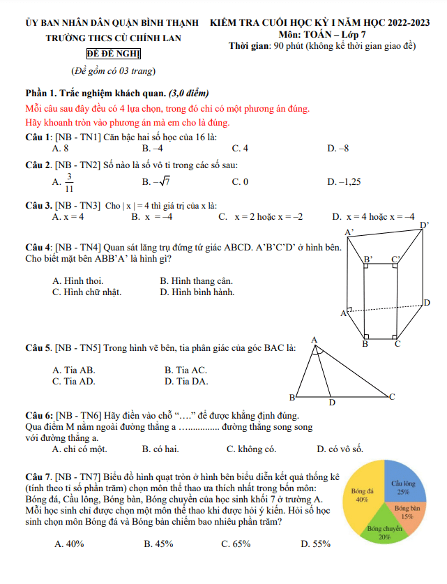 Đề đề nghị cuối học kì 1 (HK1) lớp 7 môn Toán năm 2022 2023 trường THCS Cù Chính Lan TP HCM