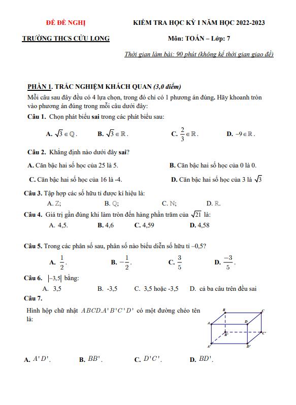 Đề đề nghị cuối học kì 1 (HK1) lớp 7 môn Toán năm 2022 2023 trường THCS Cửu Long TP HCM