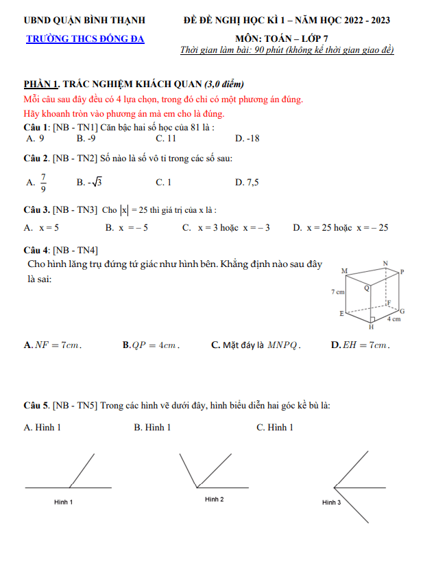 Đề đề nghị cuối học kì 1 (HK1) lớp 7 môn Toán năm 2022 2023 trường THCS Đống Đa TP HCM