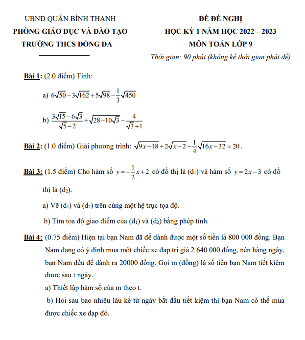 Đề đề nghị cuối học kì 1 (HK1) lớp 9 môn Toán năm 2022 2023 trường THCS Đống Đa TP HCM
