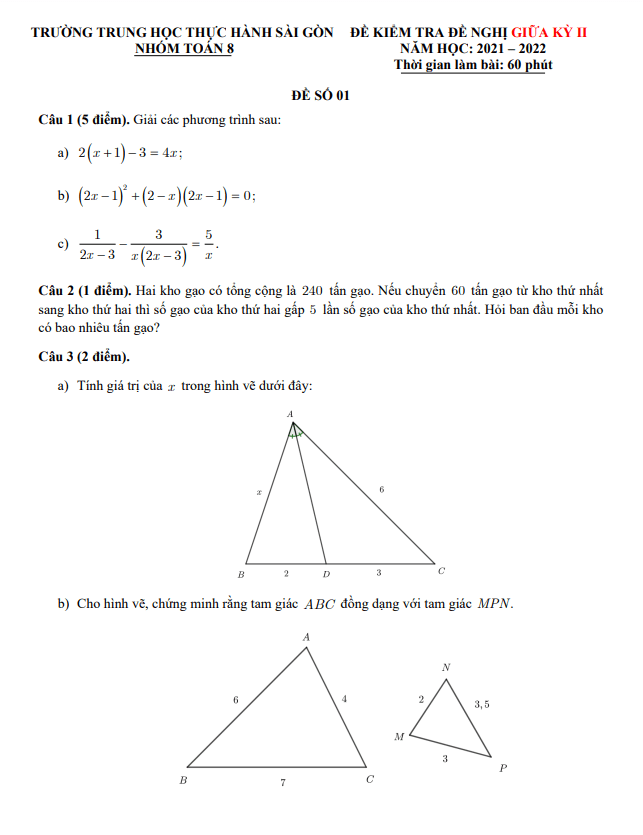 Đề đề nghị giữa học kì 2 (HK2) lớp 8 môn Toán năm 2021 2022 trường Thực hành Sài Gòn TP HCM