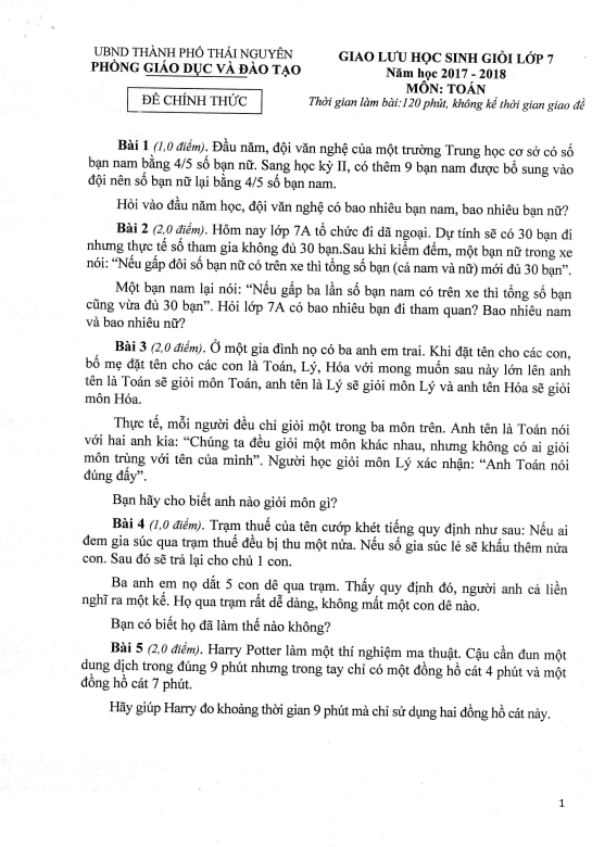 Đề giao lưu học sinh giỏi lớp 7 môn Toán năm 2017 2018 phòng GD ĐT thành phố Thái Nguyên