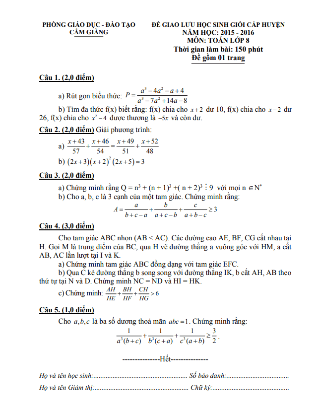 Đề giao lưu HSG huyện lớp 8 môn Toán năm 2015 2016 phòng GD ĐT Cẩm Giàng Hải Dương