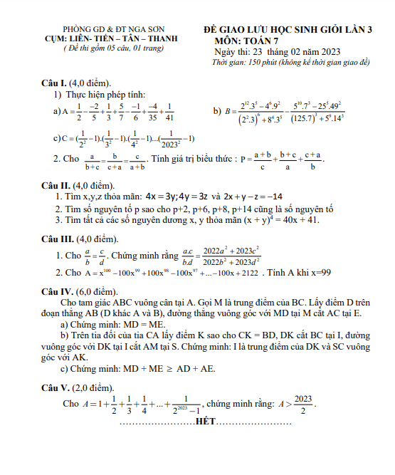 Đề giao lưu HSG lần 3 lớp 7 môn Toán năm 2022 2023 cụm THCS huyện Nga Sơn Thanh Hóa