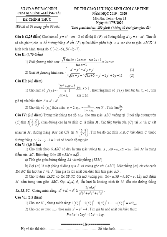 Đề giao lưu HSG lớp 11 môn Toán cấp tỉnh năm 2019 2020 cụm Gia Bình Lương Tài Bắc Ninh