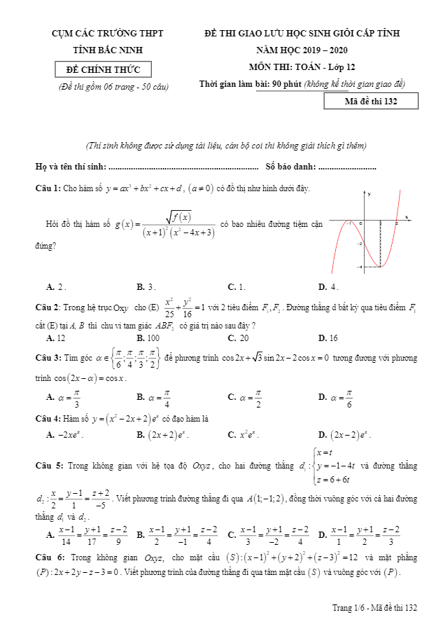 Đề giao lưu HSG lớp 12 môn Toán năm 2019 2020 cụm các trường THPT tỉnh Bắc Ninh