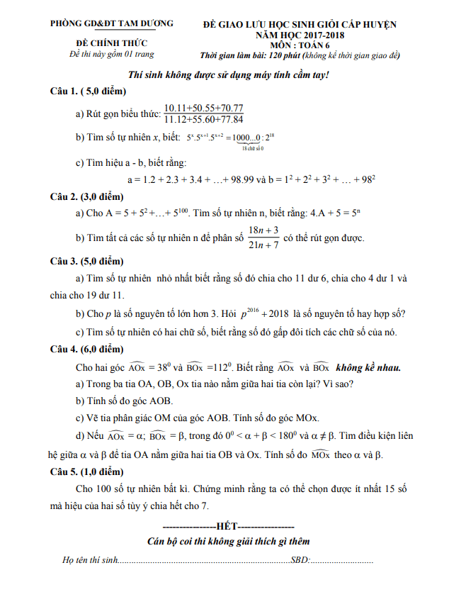 Đề giao lưu HSG lớp 6 môn Toán năm 2017 2018 phòng GD ĐT Tam Dương Vĩnh Phúc