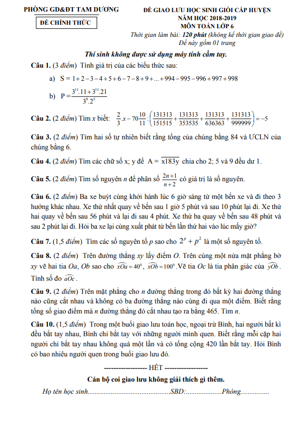 Đề giao lưu HSG lớp 6 môn Toán năm 2018 2019 phòng GD ĐT Tam Dương Vĩnh Phúc