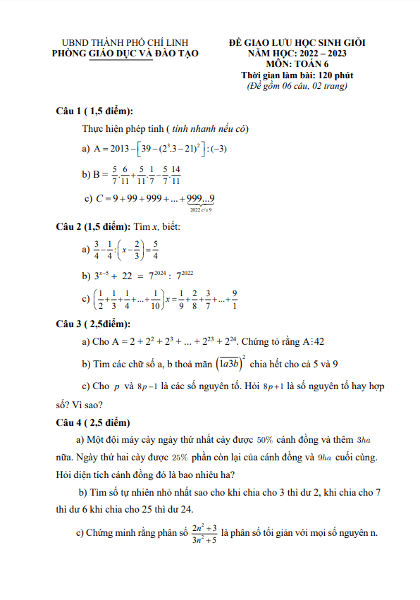 Đề giao lưu HSG lớp 6 môn Toán năm 2022 2023 phòng GD ĐT Chí Linh Hải Dương