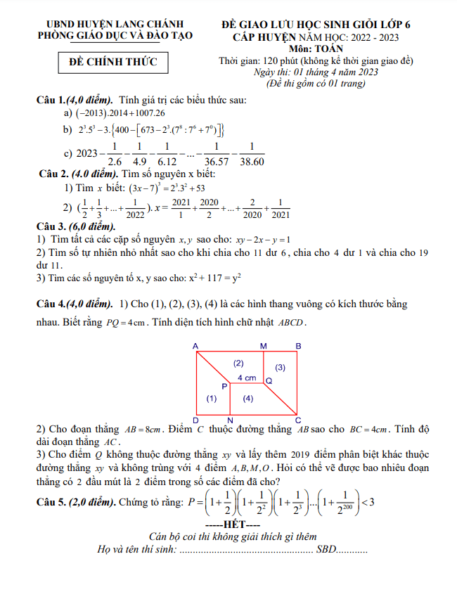 Đề giao lưu HSG lớp 6 môn Toán năm 2022 2023 phòng GD ĐT Lang Chánh Thanh Hóa