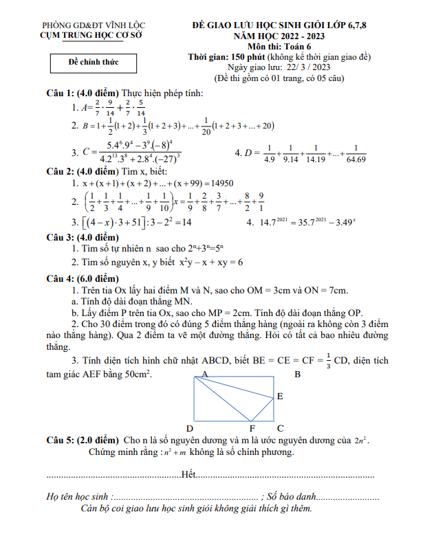 Đề giao lưu HSG lớp 6 môn Toán năm 2022 2023 phòng GD ĐT Vĩnh Lộc Thanh Hóa