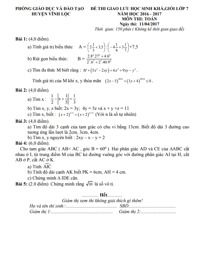 Đề giao lưu HSG lớp 7 môn Toán năm 2016 2017 phòng GD ĐT Vĩnh Lộc Thanh Hóa