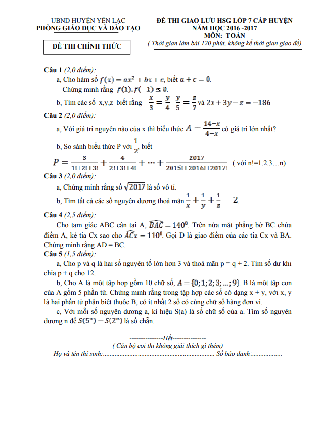Đề giao lưu HSG lớp 7 môn Toán năm 2016 2017 phòng GD ĐT Yên Lạc Vĩnh Phúc