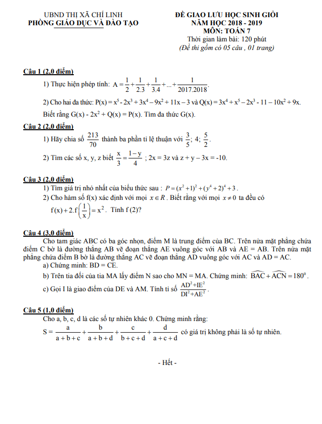 Đề giao lưu HSG lớp 7 môn Toán năm 2018 2019 phòng GD ĐT Chí Linh Hải Dương