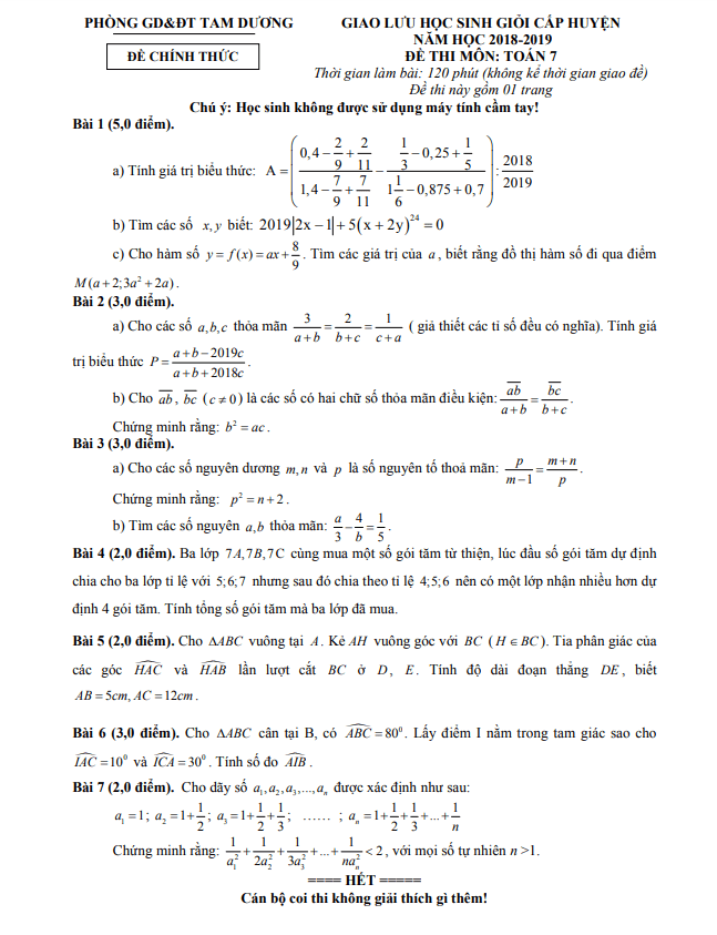 Đề giao lưu HSG lớp 7 môn Toán năm 2018 2019 phòng GD ĐT Tam Dương Vĩnh Phúc
