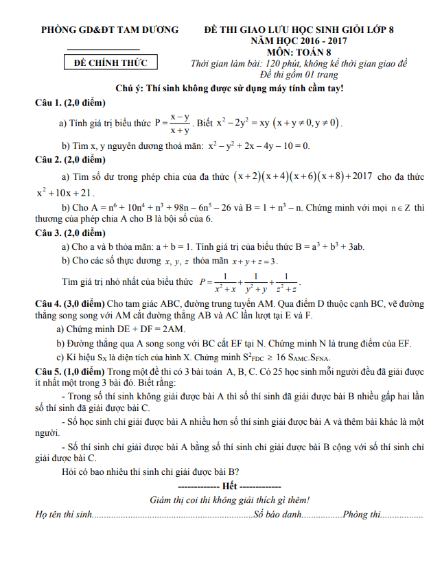 Đề giao lưu HSG lớp 8 môn Toán năm 2016 2017 phòng GD ĐT Tam Dương Vĩnh Phúc