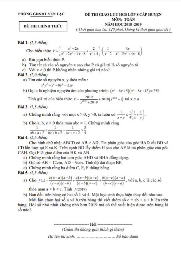 Đề giao lưu HSG lớp 8 môn Toán năm 2018 2019 phòng GD ĐT Yên Lạc Vĩnh Phúc