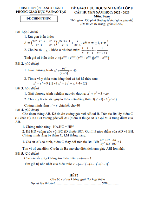 Đề giao lưu HSG lớp 8 môn Toán năm 2022 2023 phòng GD ĐT Lang Chánh Thanh Hóa