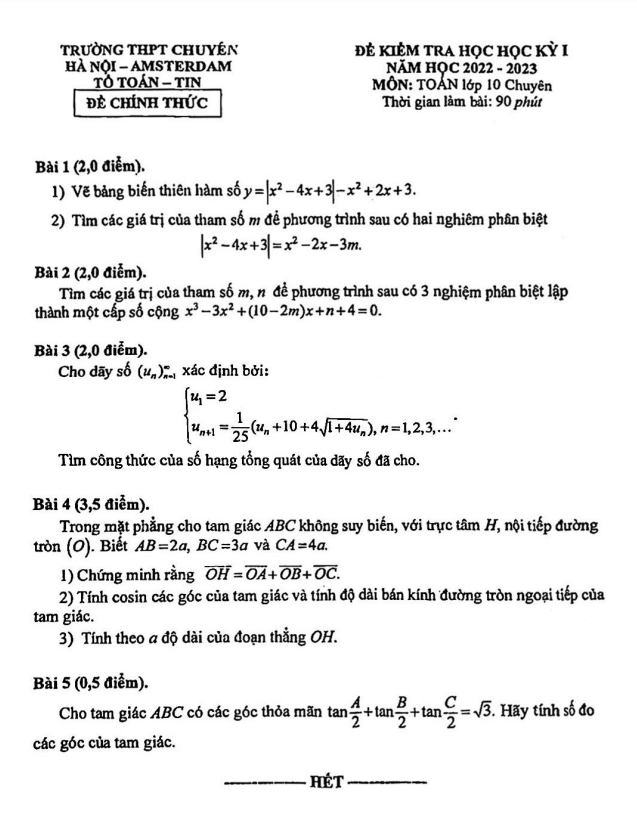 Đề học kì 1 (HK1) lớp 10 môn Toán (chuyên) năm 2022 2023 trường chuyên Hà Nội Amsterdam