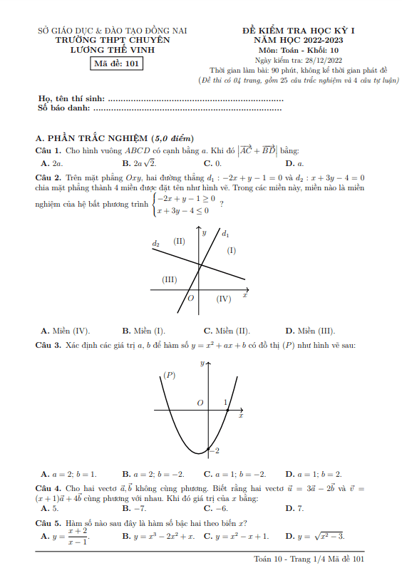 Đề học kì 1 (HK1) lớp 10 môn Toán năm 2022 2023 trường chuyên Lương Thế Vinh Đồng Nai