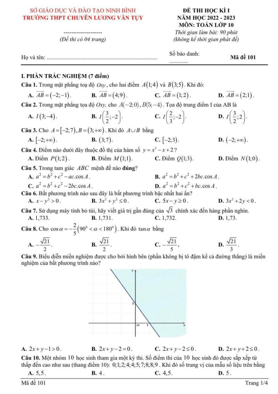 Đề học kì 1 (HK1) lớp 10 môn Toán năm 2022 2023 trường chuyên Lương Văn Tụy Ninh Bình