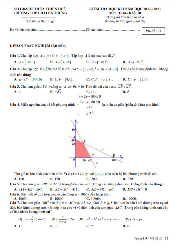 Đề học kì 1 (HK1) lớp 10 môn Toán năm 2022 2023 trường THPT Hai Bà Trưng TT Huế