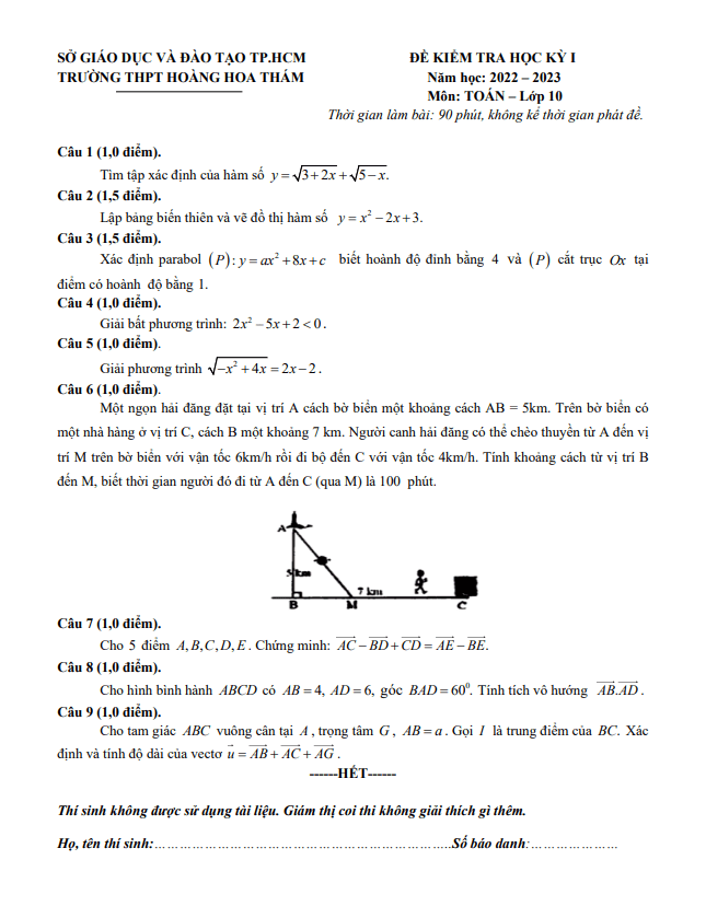 Đề học kì 1 (HK1) lớp 10 môn Toán năm 2022 2023 trường THPT Hoàng Hoa Thám TP HCM