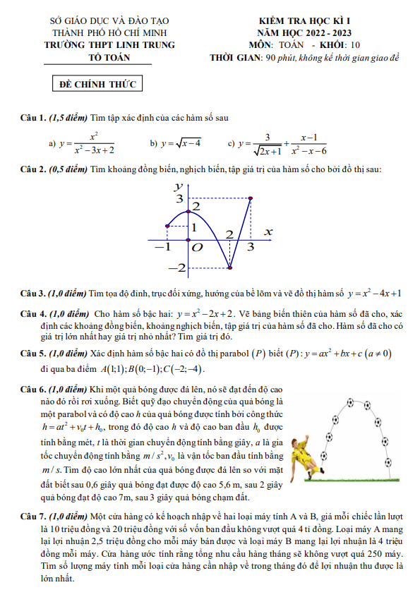Đề học kì 1 (HK1) lớp 10 môn Toán năm 2022 2023 trường THPT Linh Trung TP HCM